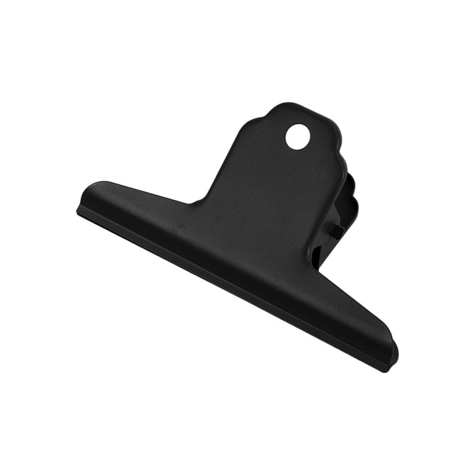 A large black metal binder clip with a rounded top and a gripping mechanism. It has a logo on the side.