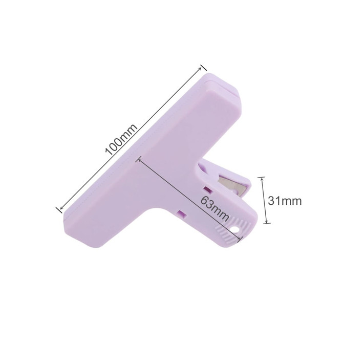 A purple plastic clip with dimensions of 100mm x 63mm x 31mm, featuring a metal clasp.