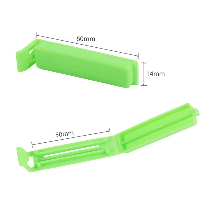 A green small food bag seal clip with measurements of 60mm and 14mm, featuring a simple design.