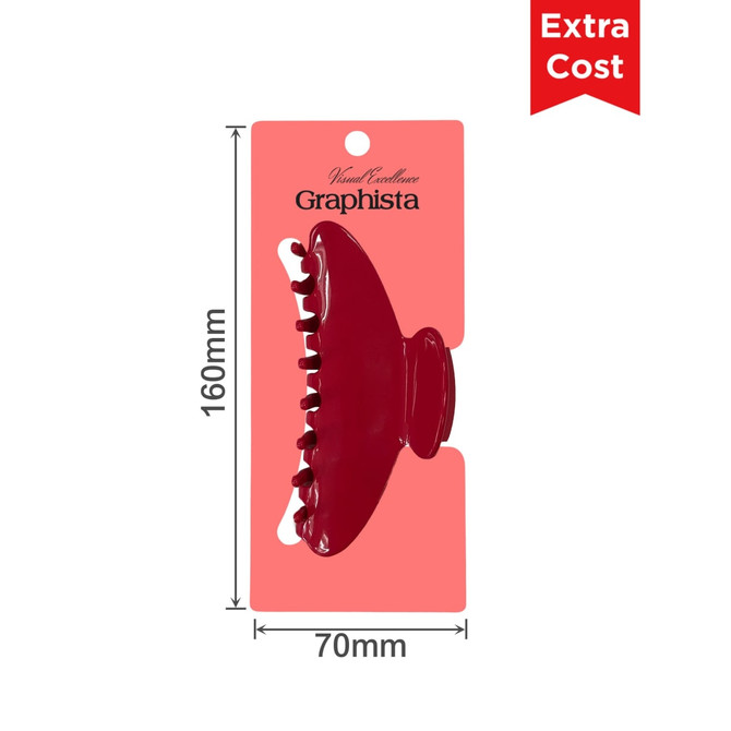 A burgundy acetate hair clip displayed on a branded card, measuring 70mm by 160mm.