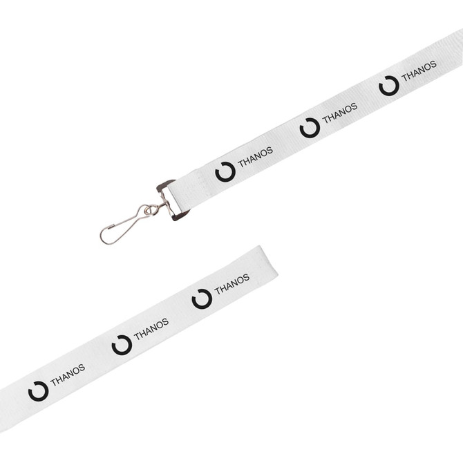 A white lanyard featuring black circular icons and the word "THANOS," with a metal clip for attaching items.