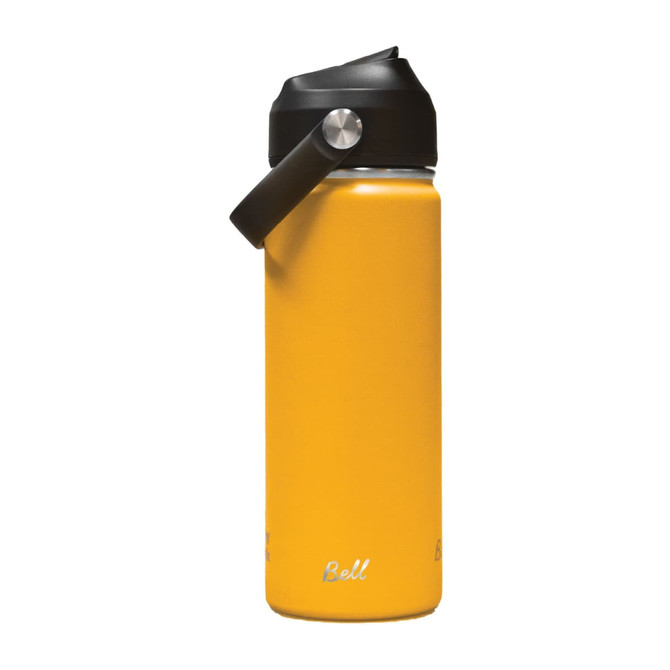 A drink bottle in vibrant yellow with a black carry handle and a logo. Ideal for hydration on the go.