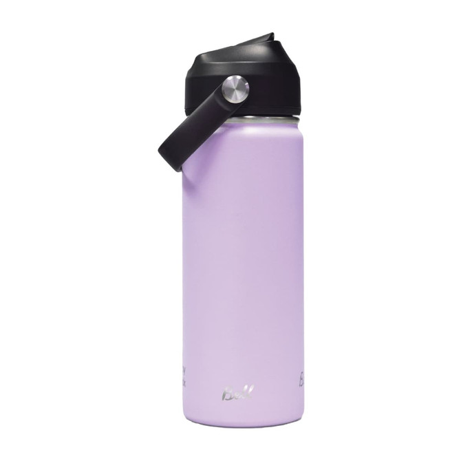A drink bottle in light purple with a black carry handle and a logo, designed for versatility and portability.