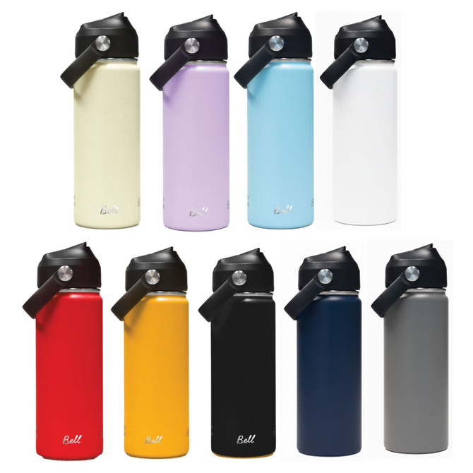 A drink bottle collection featuring a variety of colours, including red, yellow, blue, white, black, grey, purple, and cream, with carry handles.