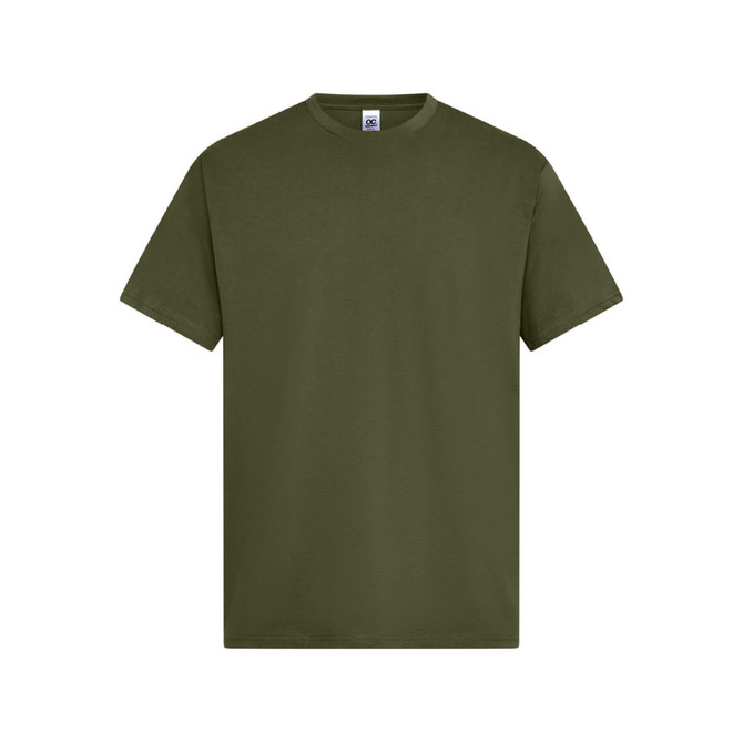 An olive green t-shirt with short sleeves and a round neckline. It features a logo on the label.