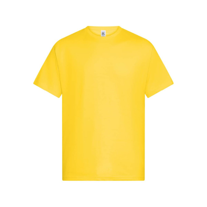 A yellow unisex T-shirt with a round neckline and short sleeves. It features a logo on the label.