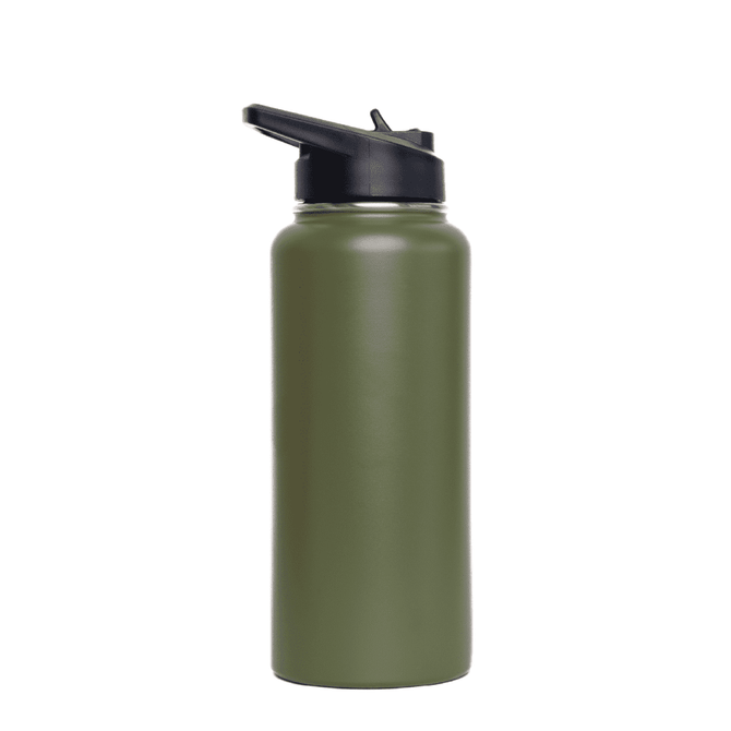 A drink bottle with a sleek dark green finish and a black flip top lid, featuring a logo.