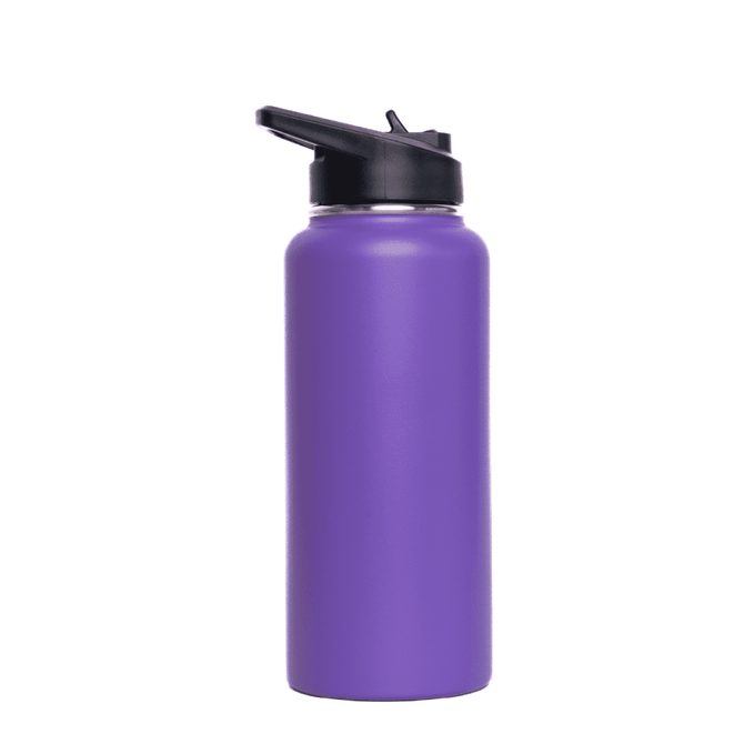 A drink bottle in a vibrant purple shade, featuring a flip top lid and a sleek design. It includes a logo.