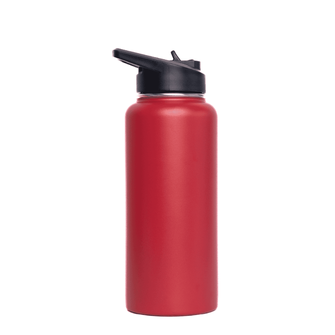 A drink bottle in vibrant red with a black flip top lid, featuring a logo. Ideal for keeping beverages hot or cold.