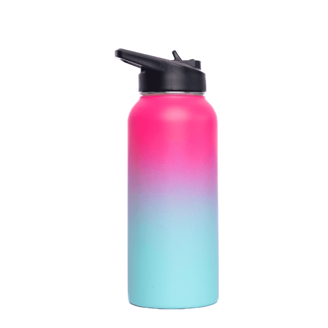 A drink bottle featuring a pink and blue gradient design, with a flip top lid and a logo.