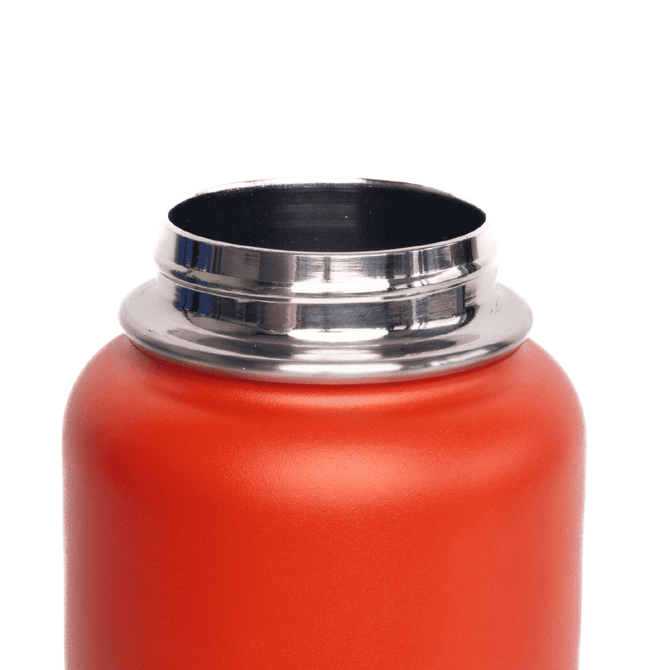 A drink bottle in bright red with a stainless steel rim and a flip top lid. Features a logo on the side.