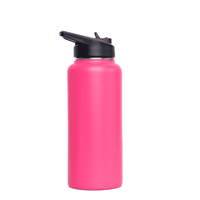 A drink bottle in vibrant pink with a flip top lid and a logo. Ideal for hydration on the go.
