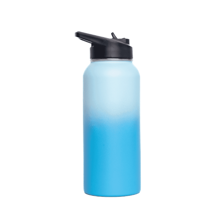 A drink bottle in blue gradient with a black flip top lid and a logo. Ideal for beverages on the go.