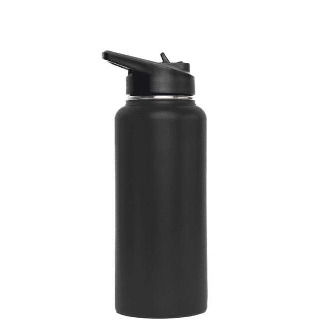 A drink bottle in matte black with a flip top lid and a logo on the side. Ideal for everyday use.