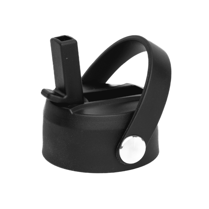 A drink bottle lid in black with a rotating carry handle and a spout for easy pouring. It features a silver button.