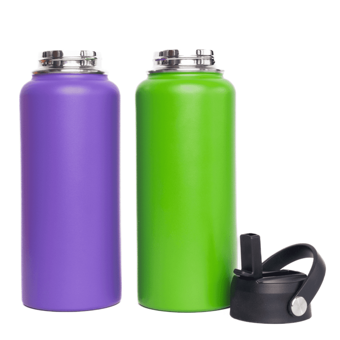 A drink bottle set featuring a purple and a green 1L vacuum flask, with a rotating carry handle lid.