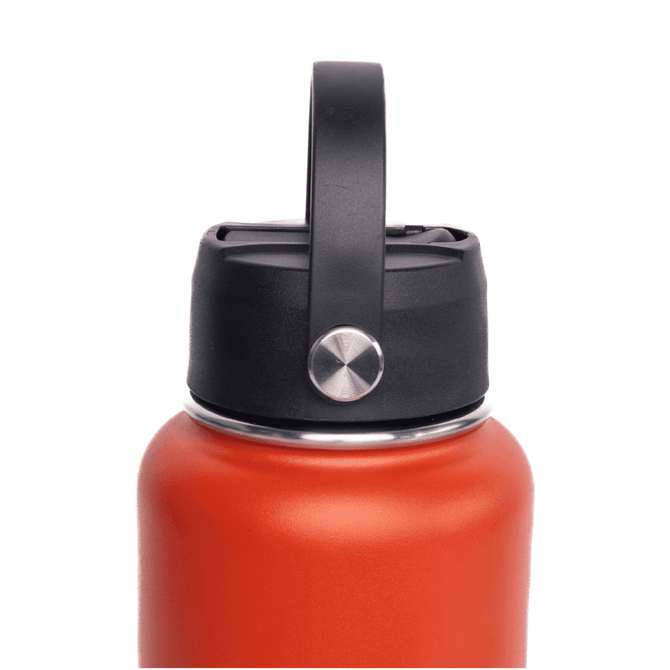 A drink bottle in vibrant orange with a black rotating carry handle lid and a metallic accent.