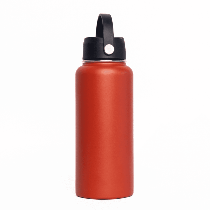 A drink bottle in a matte orange finish with a black lid and a rotating carry handle. It features a logo.