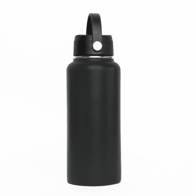A drink bottle in black, featuring a rotating carry handle lid and a logo on the front.