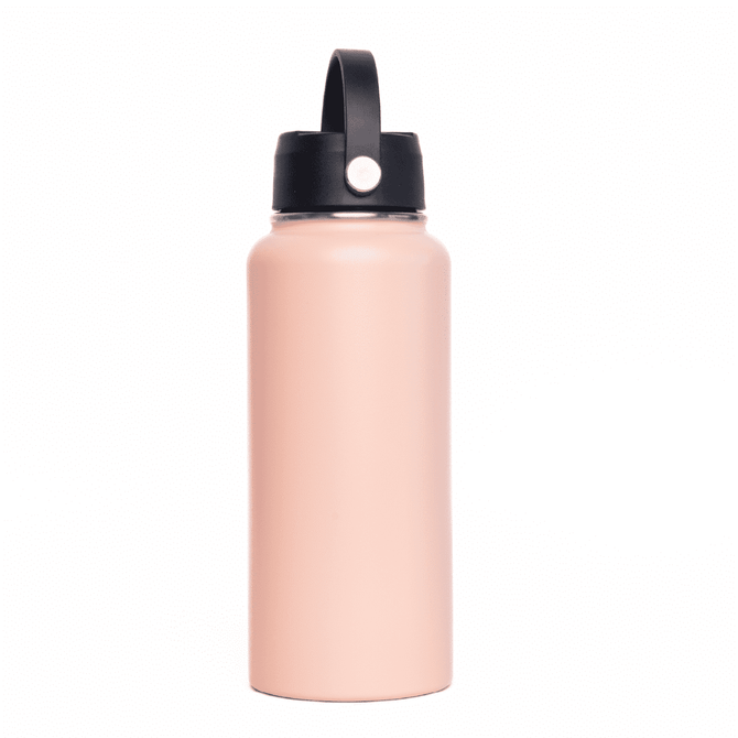 A drink bottle with a matte pink finish and a black rotating carry handle lid. It features a logo on the lid.