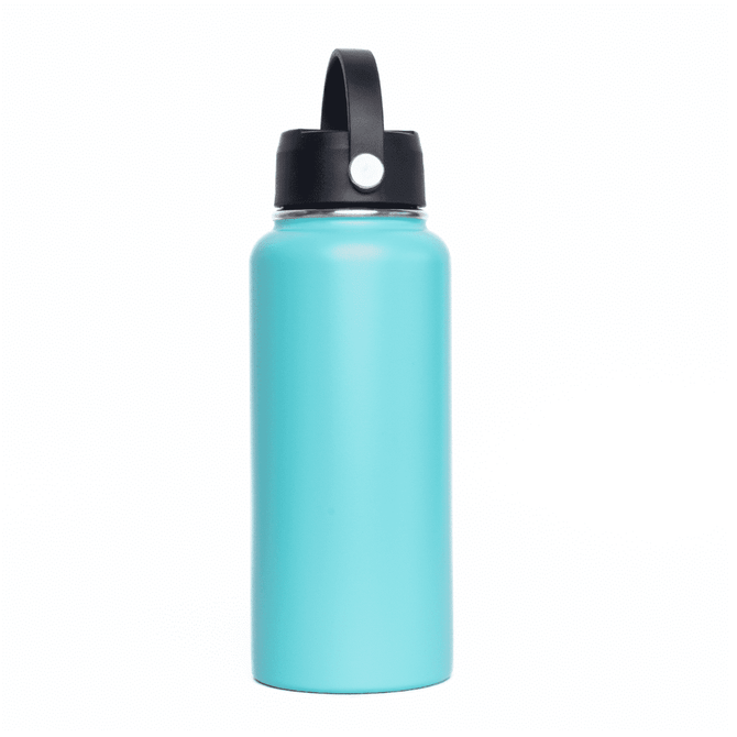 A drink bottle featuring a turquoise body and a black rotating carry handle lid. It has a logo on the side.