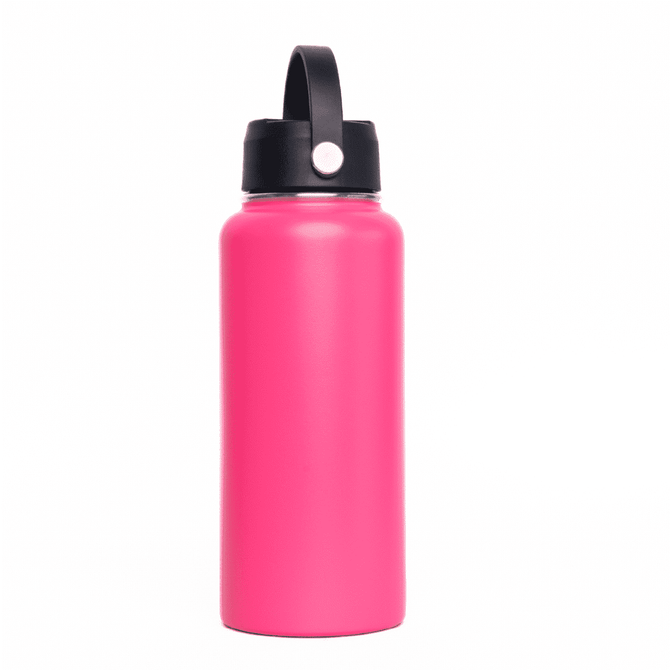 A drink bottle in vibrant pink with a black rotating carry handle lid and a branding logo.