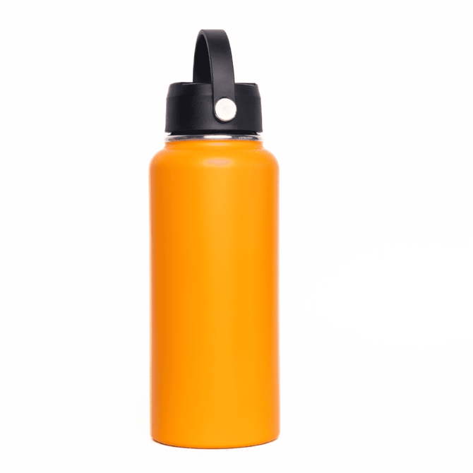 A drink bottle with a vibrant orange body and a black lid featuring a rotating carry handle.