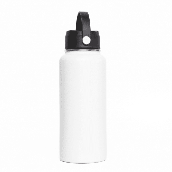 A drink bottle featuring a white exterior and a black lid with a rotating carry handle. It includes a logo.