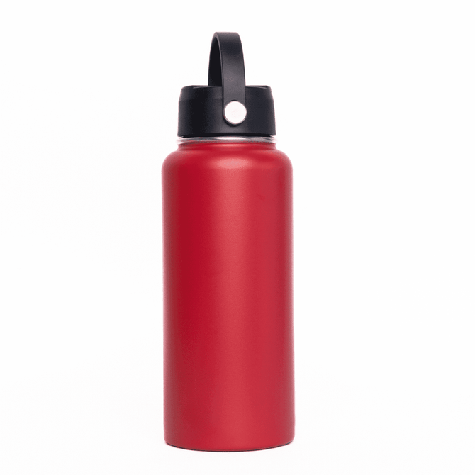 A drink bottle in a vibrant red colour with a black rotating carry handle lid and a logo on the surface.