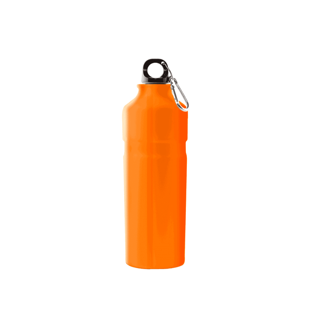 A drink bottle in bright orange with a black cap and a metal clip, designed for hydration on the go.