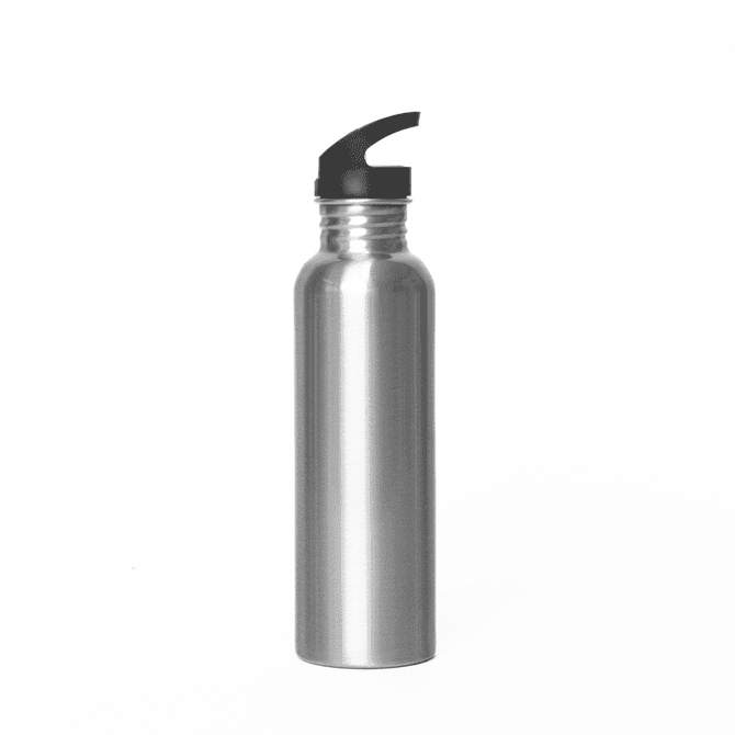 A drink bottle made of stainless steel with a black spout, featuring a sleek, modern design.