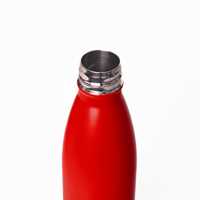 A drink bottle featuring a sleek red design and a stainless steel lid. It includes a logo on the body.