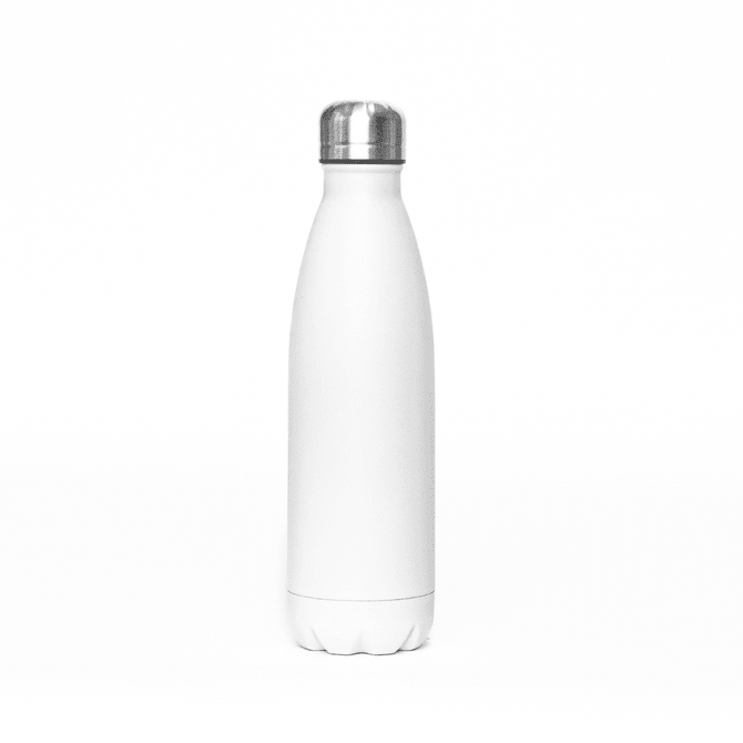 A drink bottle in white with a stainless steel lid, featuring a sleek, insulated design.
