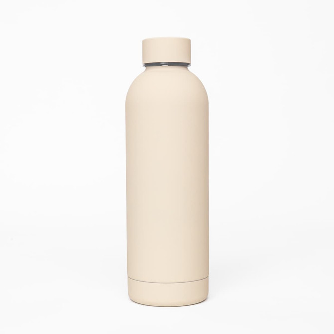 A drink bottle in beige with a sleek design, featuring a thermos-style double wall and a cap.