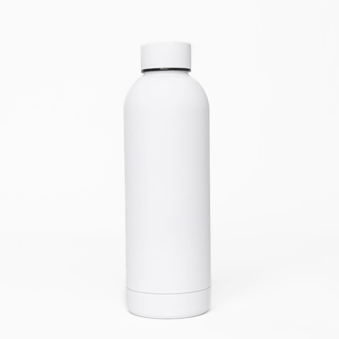 A drink bottle in white, featuring a double wall design and a rounded cap, with a logo on the front.