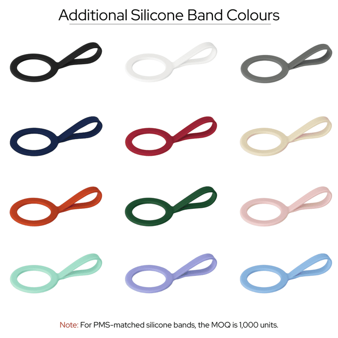 A collection of silicone bands in various colours, including grey, navy, red, cream, pink, green, and teal. Each band features a loop design.