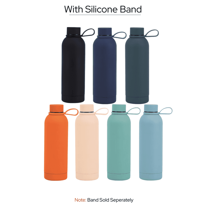 A drink bottle collection featuring various colours: black, navy, teal, orange, peach, and light blue, with a silicone band option.