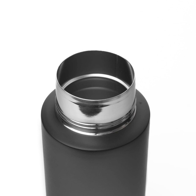 A drink bottle in matte black stainless steel featuring a wide opening and a silver rim, with a silicone handle.