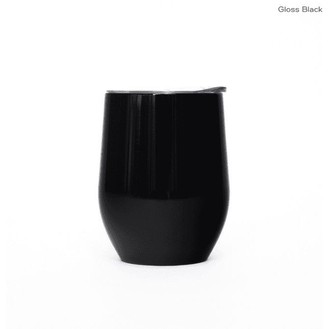 A drink bottle in gloss black with a smooth, curved design and a lid, featuring a subtle branding logo.