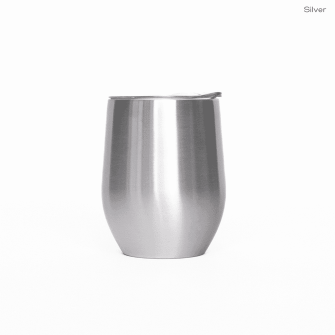 A stainless steel travel mug with a sleek, polished silver finish and a lid.