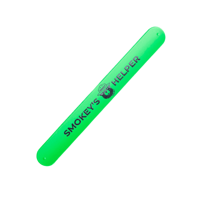 A green silicone slap-band with a logo printed on it.