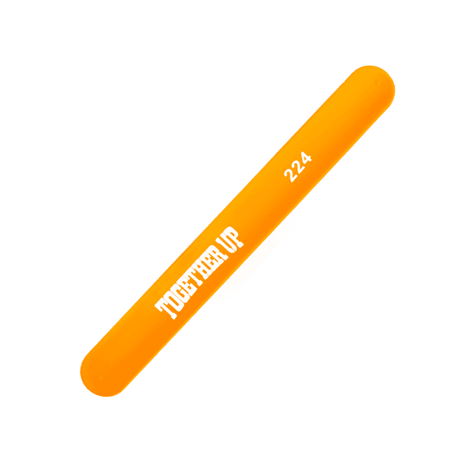 An orange silicone slap band with a logo and text on its surface.