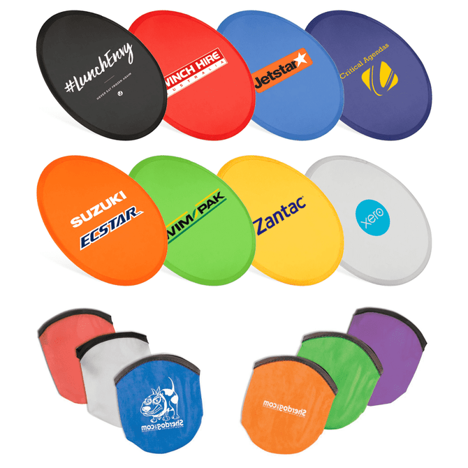 A collection of colourful nylon foldable flyers in various colours, featuring multiple logos and a set of mesh bags.