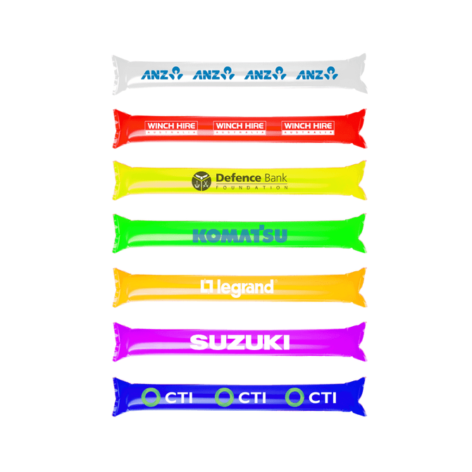 A selection of brightly coloured cheering sticks in various shades, featuring multiple logos.