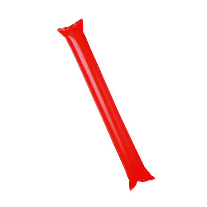 A pair of bright red inflatable cheering sticks with an attached logo.
