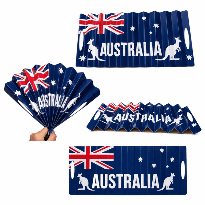 A blue cardboard clapper featuring the Australian flag and kangaroo design, with a logo and multiple folding sections.