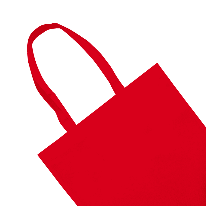 A bright red tote bag with two handles and a simple design. It features a logo.