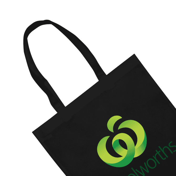 A black tote bag featuring a logo in green, showing the bag's handles and main panel.