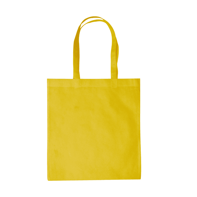 A yellow tote bag with two handles and a plain design, featuring a logo on the front.