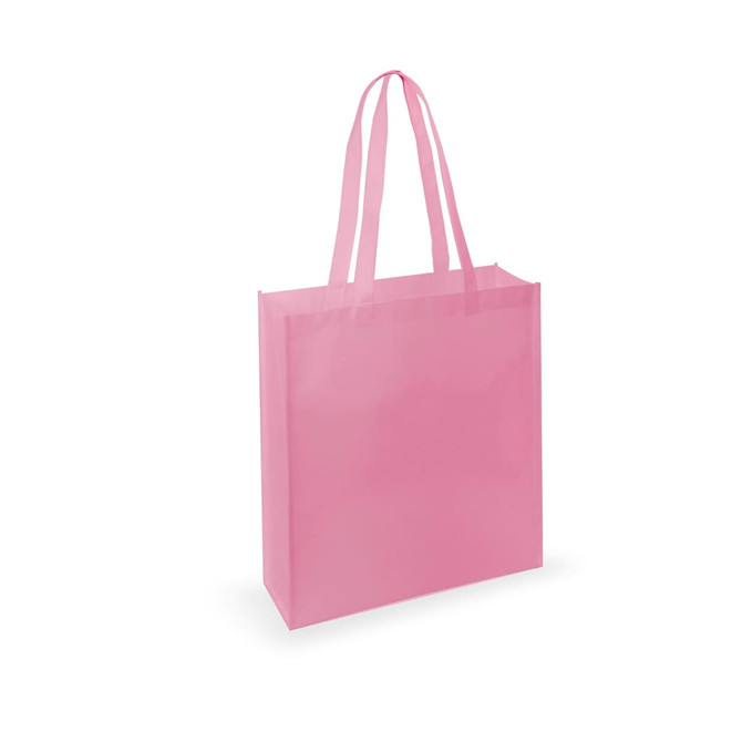A pink tote bag with two handles and a simple design. It features a logo on its surface.